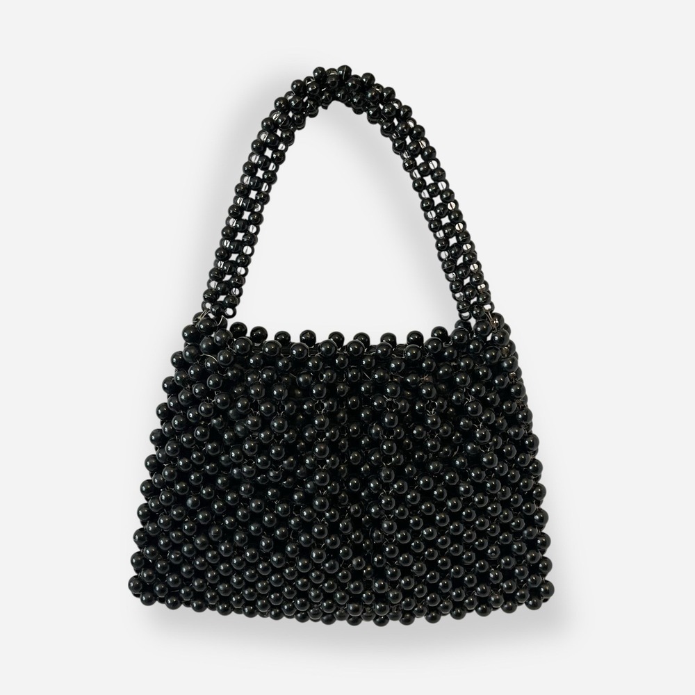 Vintage Beaded Black‎ Purse Shoulder Bag Purse Flap Japan 60s Lacquerware